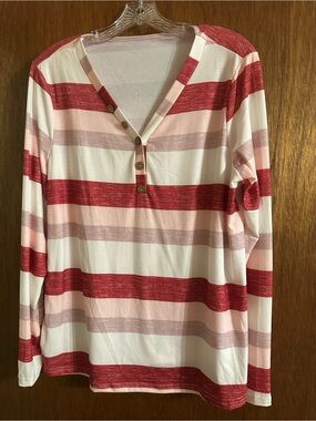 SHEIN Red Pink Striped Long Sleeve Henley Top